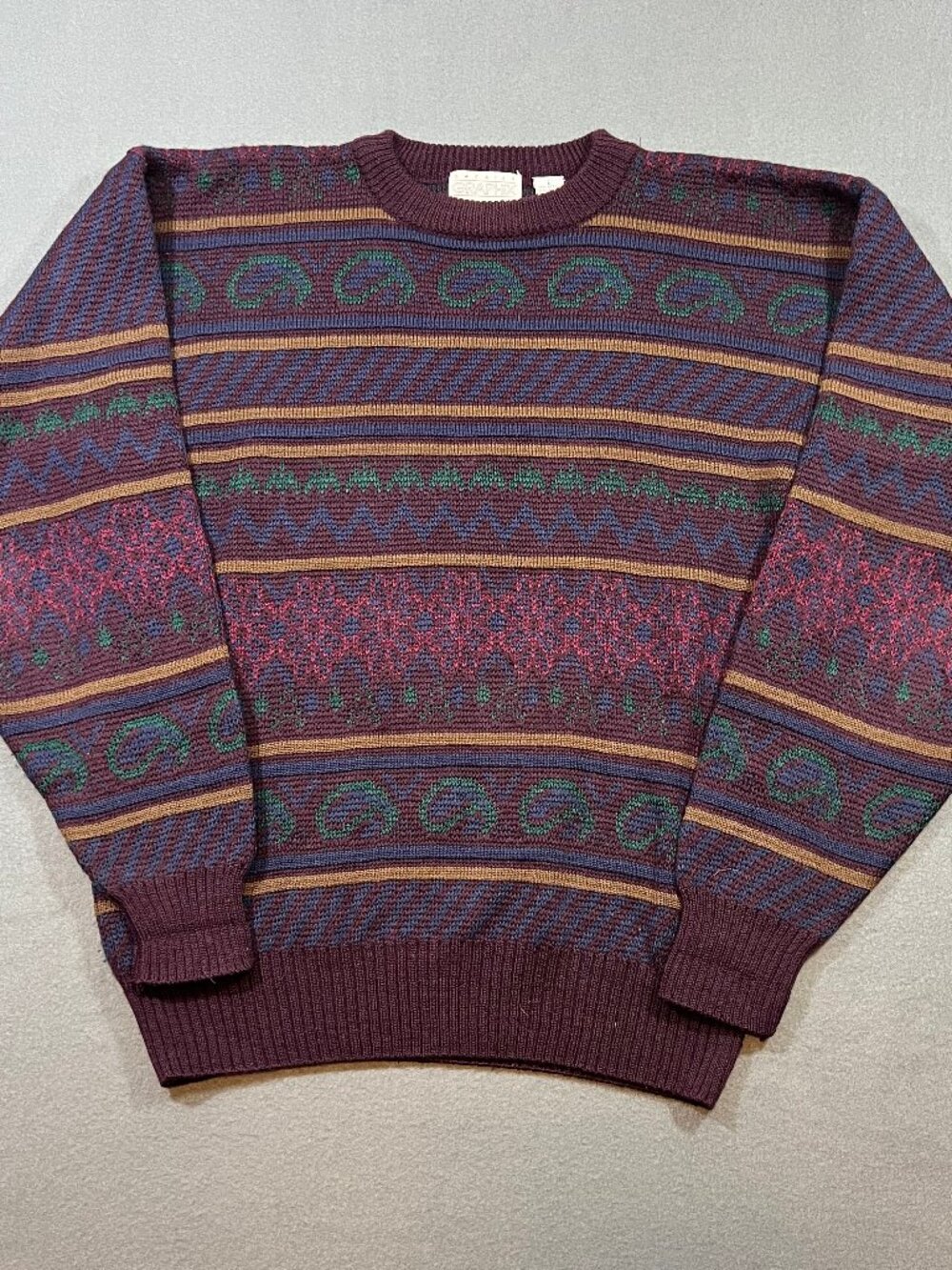 Vintage 80s Paisley Floral Geometric Grandpa Knit Sweater Pullover L Acrylic Woo